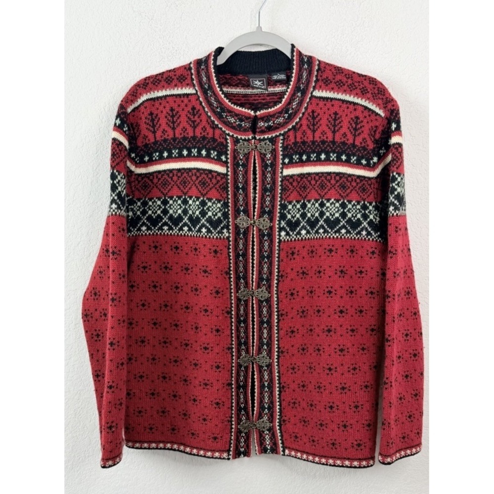 Vintage 90s Skyr 100% Wool Nordic Fair Isle Cardigan Sweater L Clasp Apres Ski